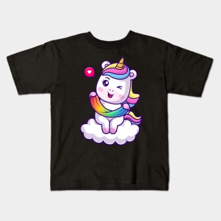 Cute Unicorn Playing Slime Rainbow On Cloud Cartoon Kids T-Shirt